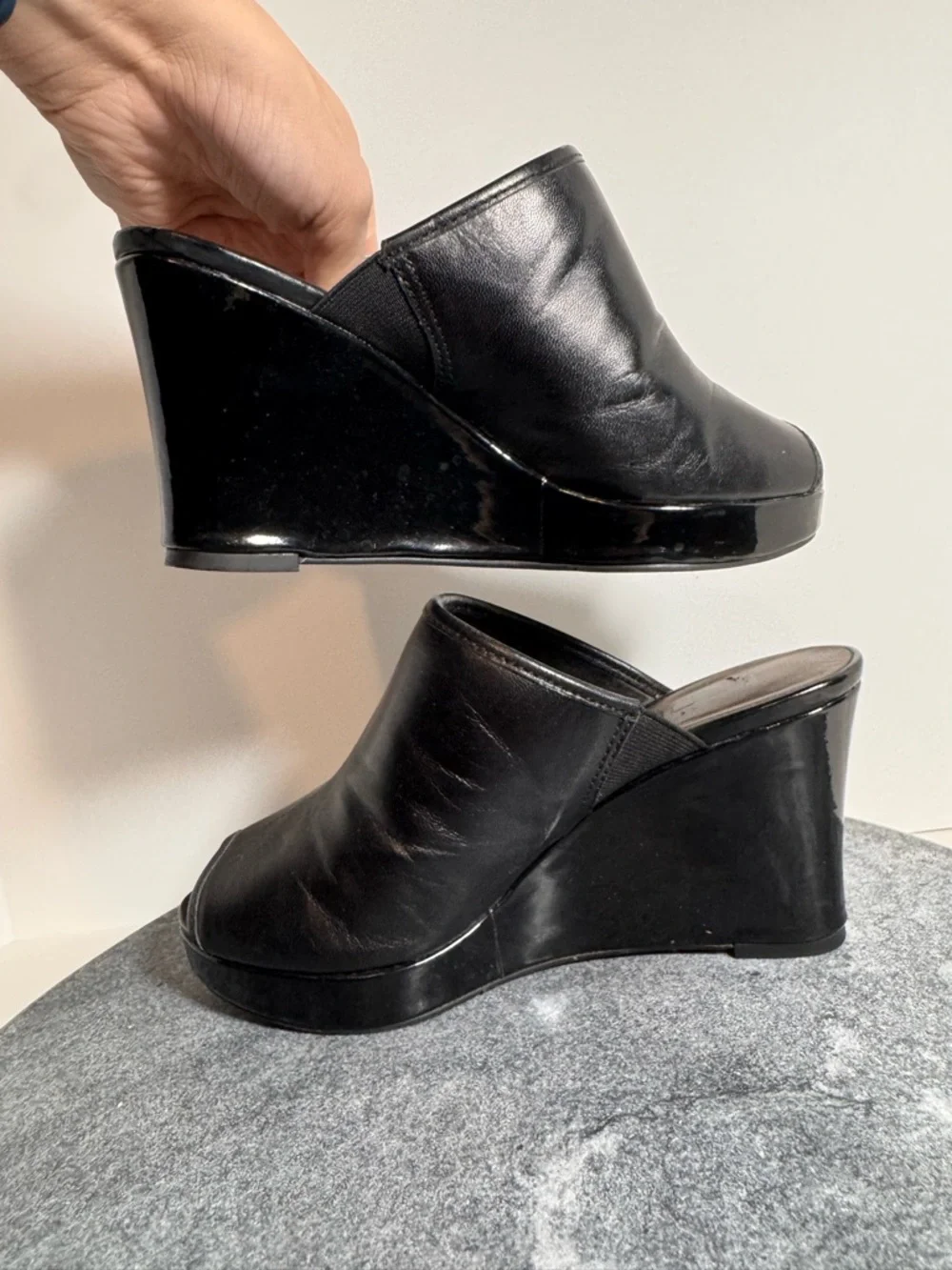 Vintage 90s Black Wedge Mules Heels 6